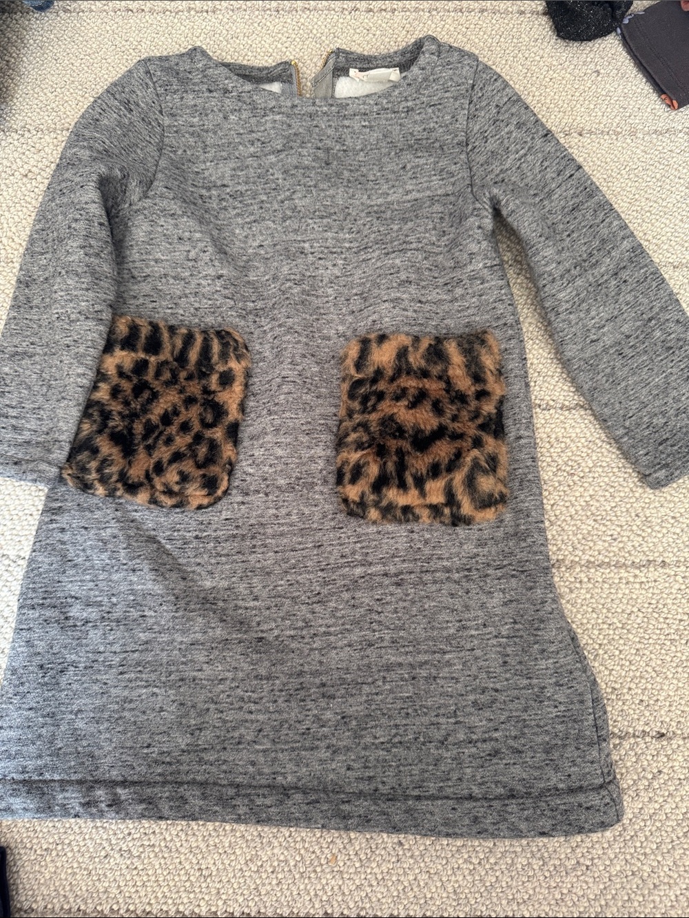 Crewcuts Gray Knit Dress with Leopard Faux-Fur Pockets girls XXS